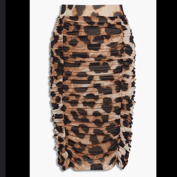 GANNI Women's Brown Ruched Leopard-print Mesh Skirt 40 - Picture 2 of 12